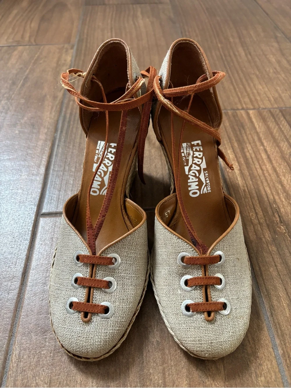 Salvatore Ferragamo Jute Fabric and Leather Espadrille Wedge Pumps Size 8